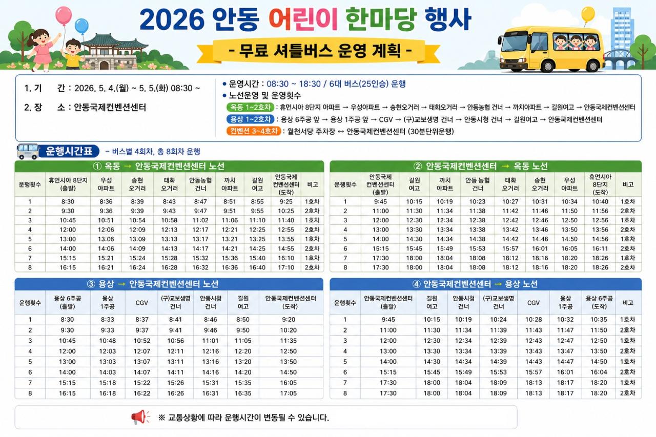 -2026 안동 어린이 한마당 무료 셔틀버스로 방문객 편의 높인다 5월 4일5일 안동국제컨벤션센터에 캐치 티니핑 정브르 등 총출동 무료 셔틀버스 및 행사장 내 순환 노선 운영으로 접근성 강화 사진 안동시