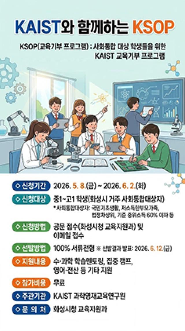 [NSP NEWS Image]화성시-KAIST, 과학 꿈나무 키우는 KSOP 교육생 모집