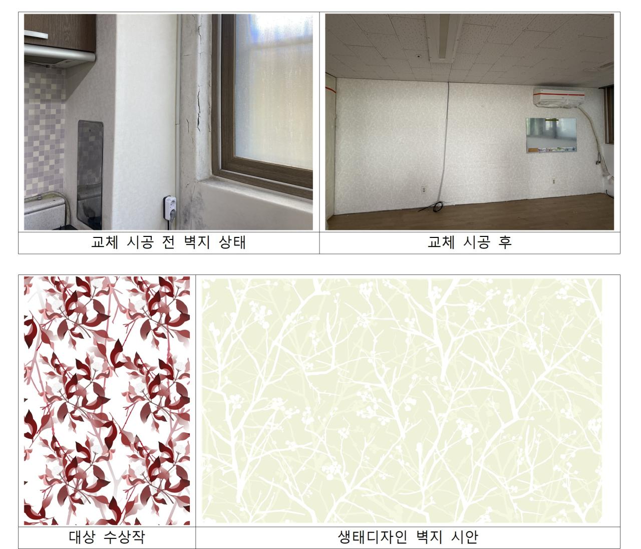-SH가 국립생태원과 협력해 노원구 공릉1단지 경로당의 낡은 벽지를 생태 디자인 벽지로 교체 전후의 모습. (이미지 = SH)