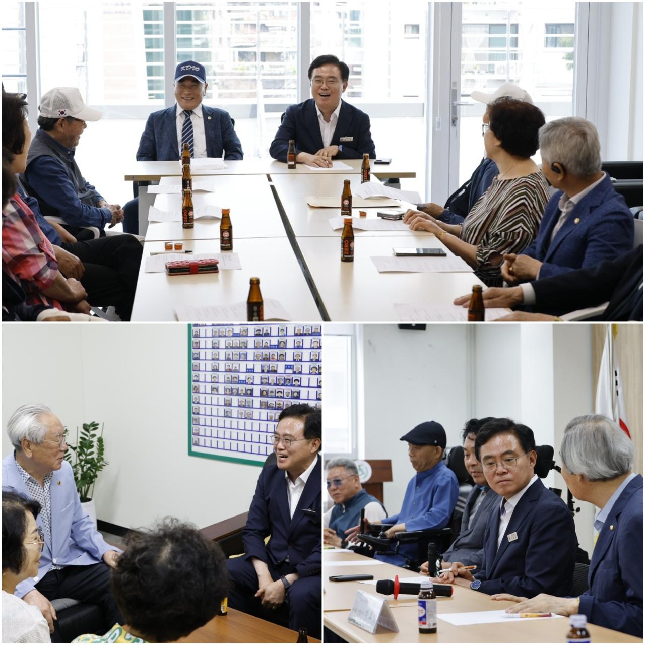 -재선에 성공한 진교훈 서울 강서구청장(정면 오른쪽)이 6월 4일 당선 첫 공식 일정으로 보훈회관을 방문해 보훈단체 관계자들과 대화를 나누고 있다.아래 사진 진교훈 구청장이 대한노인