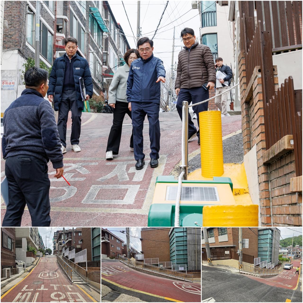 -사진 위쪽 진교훈 구청장이 현장 순찰 시 주민 불편 사항을 지적하고 있다. 아래사진 계단, 열선 공사 완료 모습. (사진 = 서울시 강서구청.)