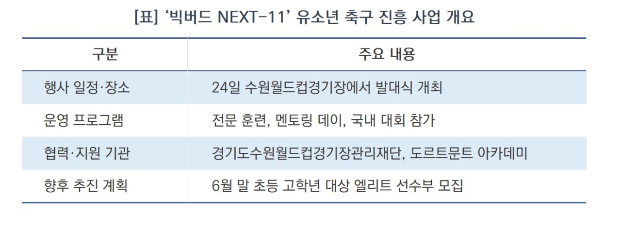 -‘빅버드 NEXT-11’ 유소년 축구 진흥 사업 개요 (표 = 김종식)