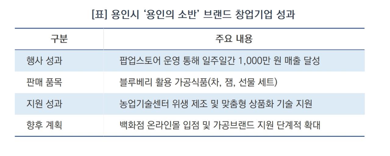 -용인시 ‘용인의 소반’ 브랜드 창업기업 성과 요약 (표 = 김병관)