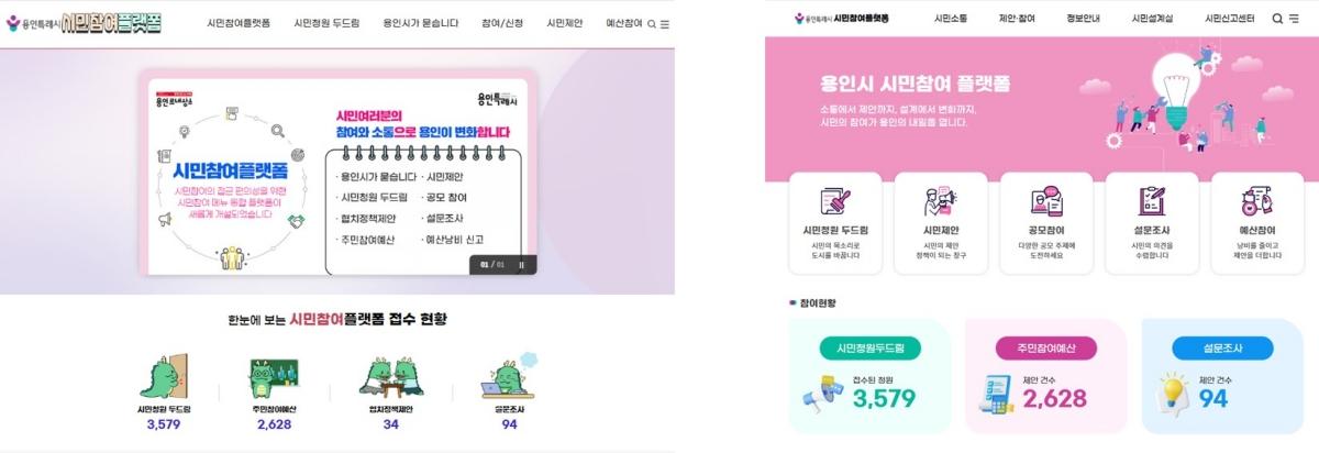 -용인특례시 시민참여플랫폼 개편 전(왼쪽), 개편 후 모습. (사진 = 용인특례시)