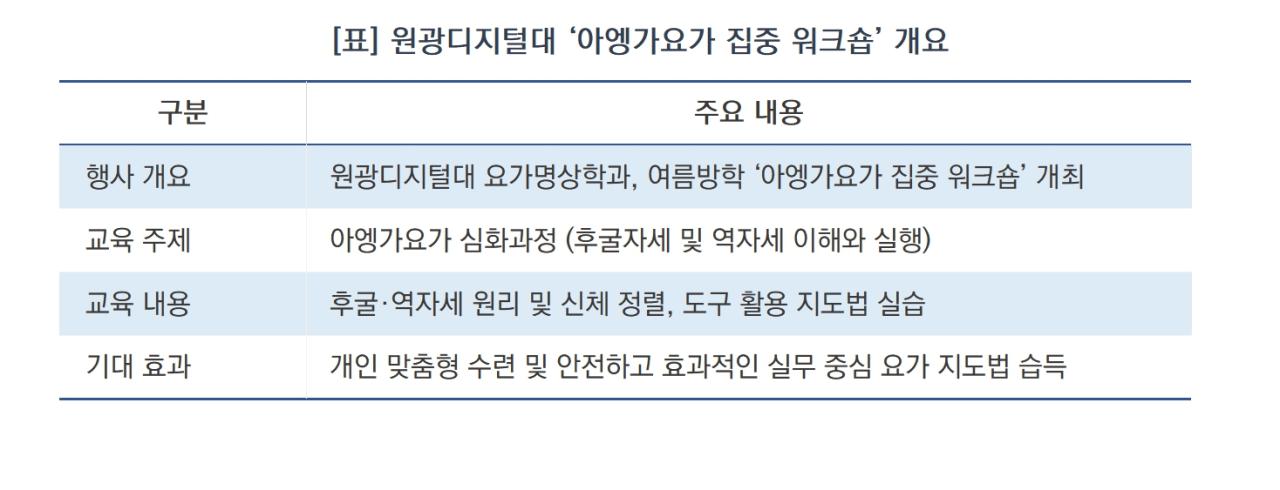 -원광디지털대 ‘아엥가요가 집중 워크숍’ 개요 (표 = 윤미선)
