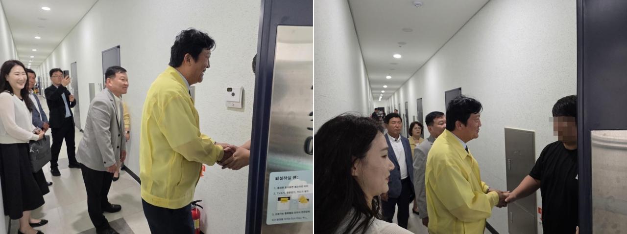 -손배찬 파주시장이 화재 이재민 임시주거시설을 방문하고 있다. (사진 = 파주시 제공)