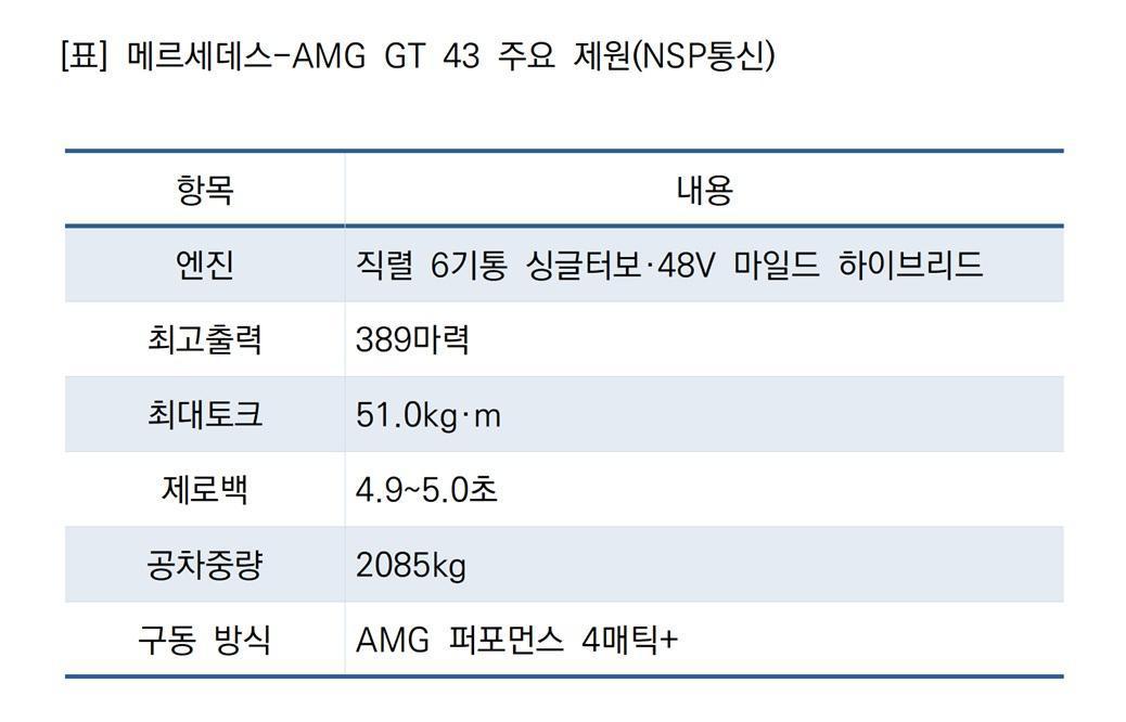 -메르세데스-AMG GT 43 주요 제원 (표 = NSP통신)