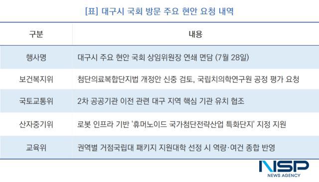 -대구시 국회 방문 주요 현안 요청 내역 (표 = NSP통신)