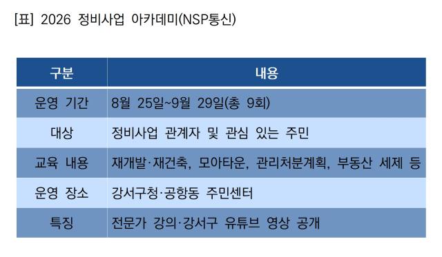 -서울 강서구청의 2026 정비사업 아카데미 내용 (표 = NSP통신)
