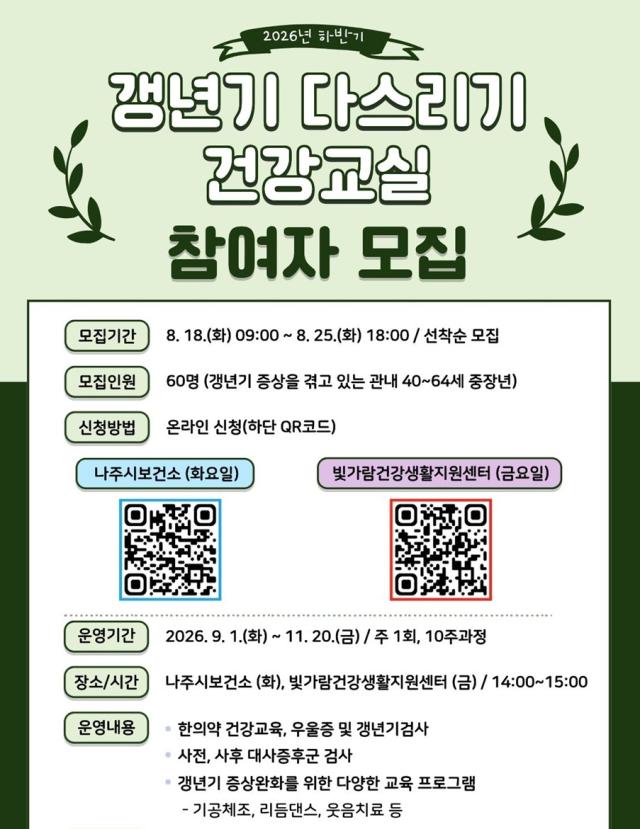 나주시가 하반기 갱년기 다스리기 건강교실 참여자를 모집한다. (사진 = 나주시)