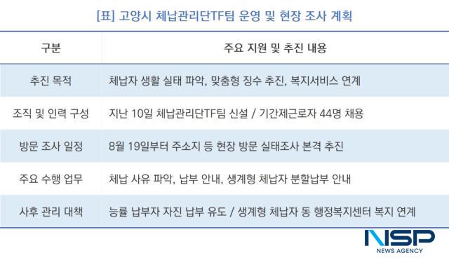 고양시 체납관리단TF팀 운영 및 현장 조사 계획 (표 = NSP통신)