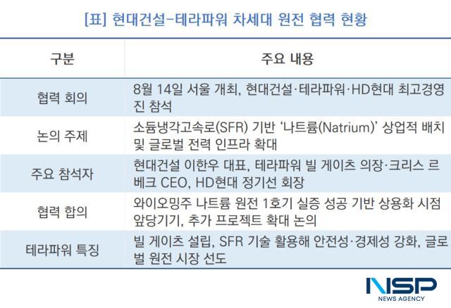 현대건설-테라파워 차세대 원전 협력 현황 (표 = NSP통신)