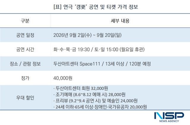 연극 ‘갱更’ 공연 및 티켓 가격 정보 (표 = NSP통신)