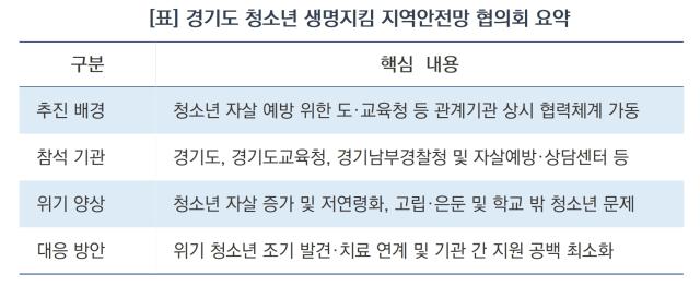 경기도 청소년 생명지킴 지역안전망 협의회 요약 (표 = 김병관)
