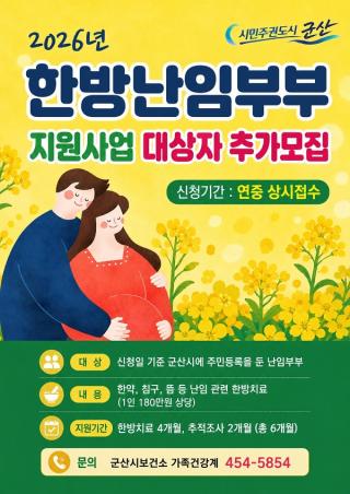 (NSP NEWS Image)군산시 보건소, ‘한방 난임부부 지원사업’ 추가 모집