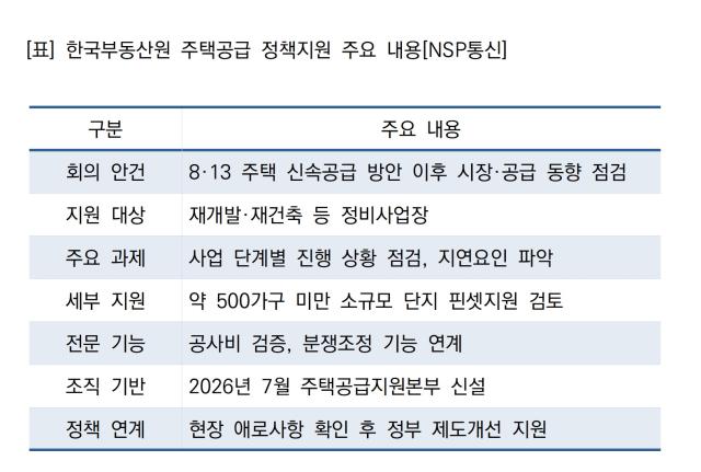 한국부동산원 주택공급 정책지원 주요 내용 (표 = NSP통신)