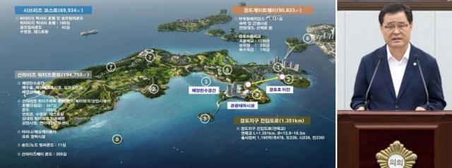 여수 경도해양관광단지 개발사업 계획도(왼쪽). 김종길 여수시의원(오른쪽)이 제257회 정례회에서 경도해양관광단지 개발사업의 투자계획 이행과 관계기관의 적극적인 관리·감독을 촉구하고
